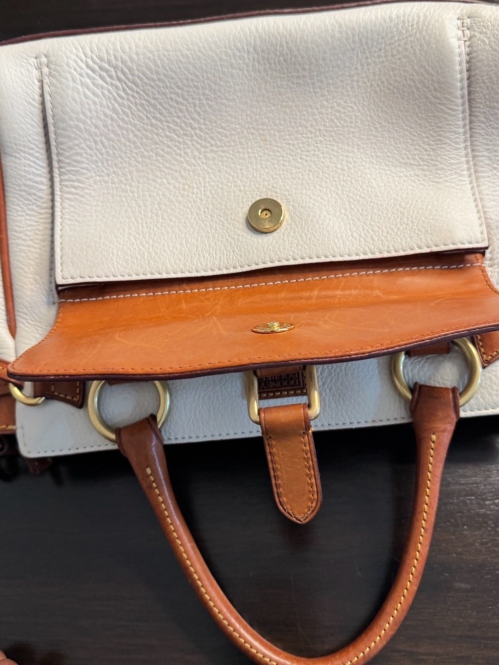 Dooney & Bourke Cream Leather Satchel with Brown Trim and Brass Hardware - Picture 11 of 12